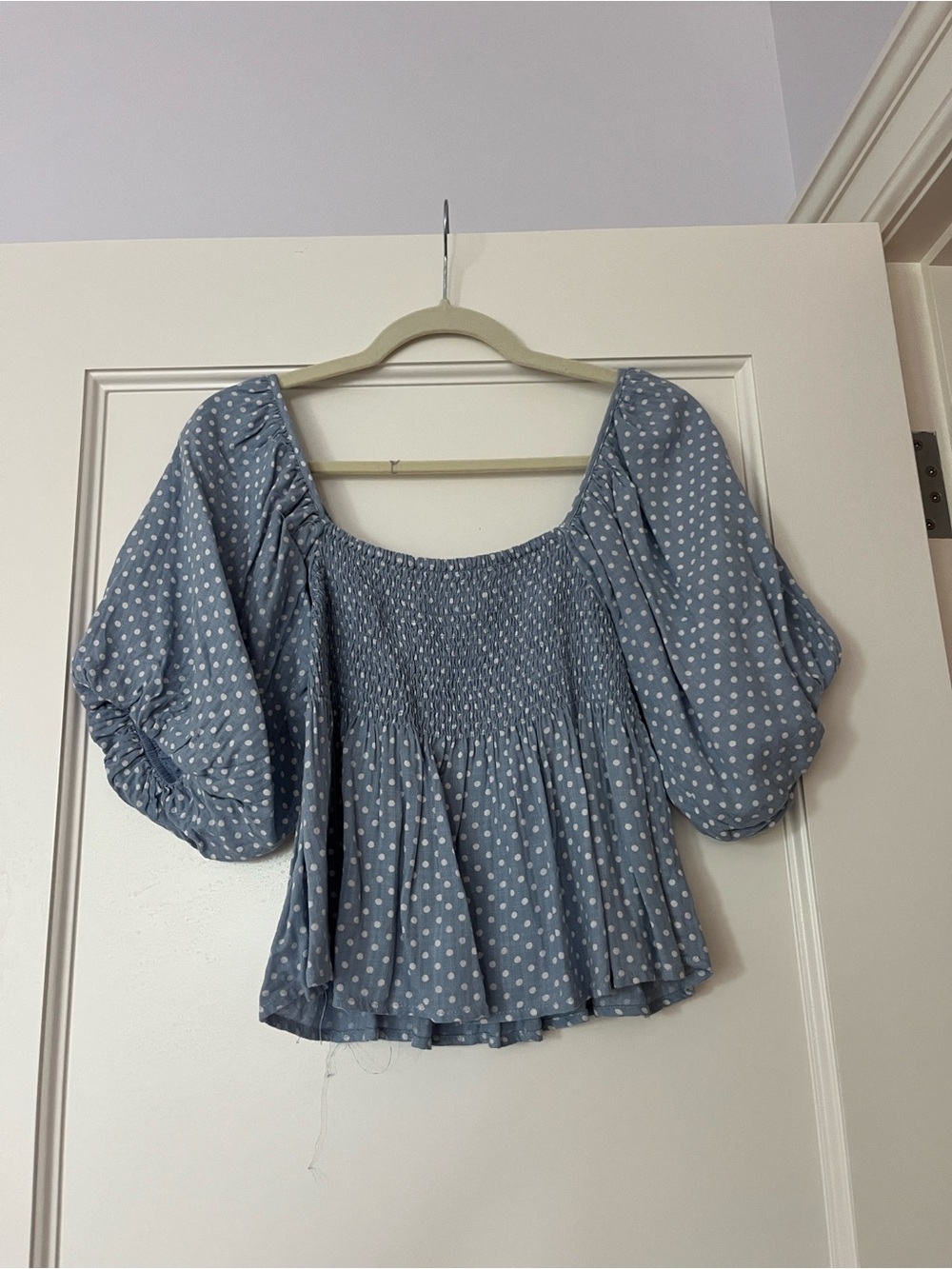 By Together Blue Polka Dot Smocked Puff Sleeve Top